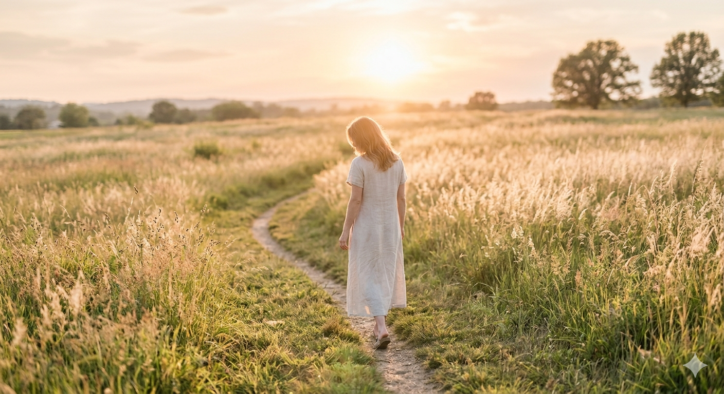 Person walking toward the light on a golden sunset path