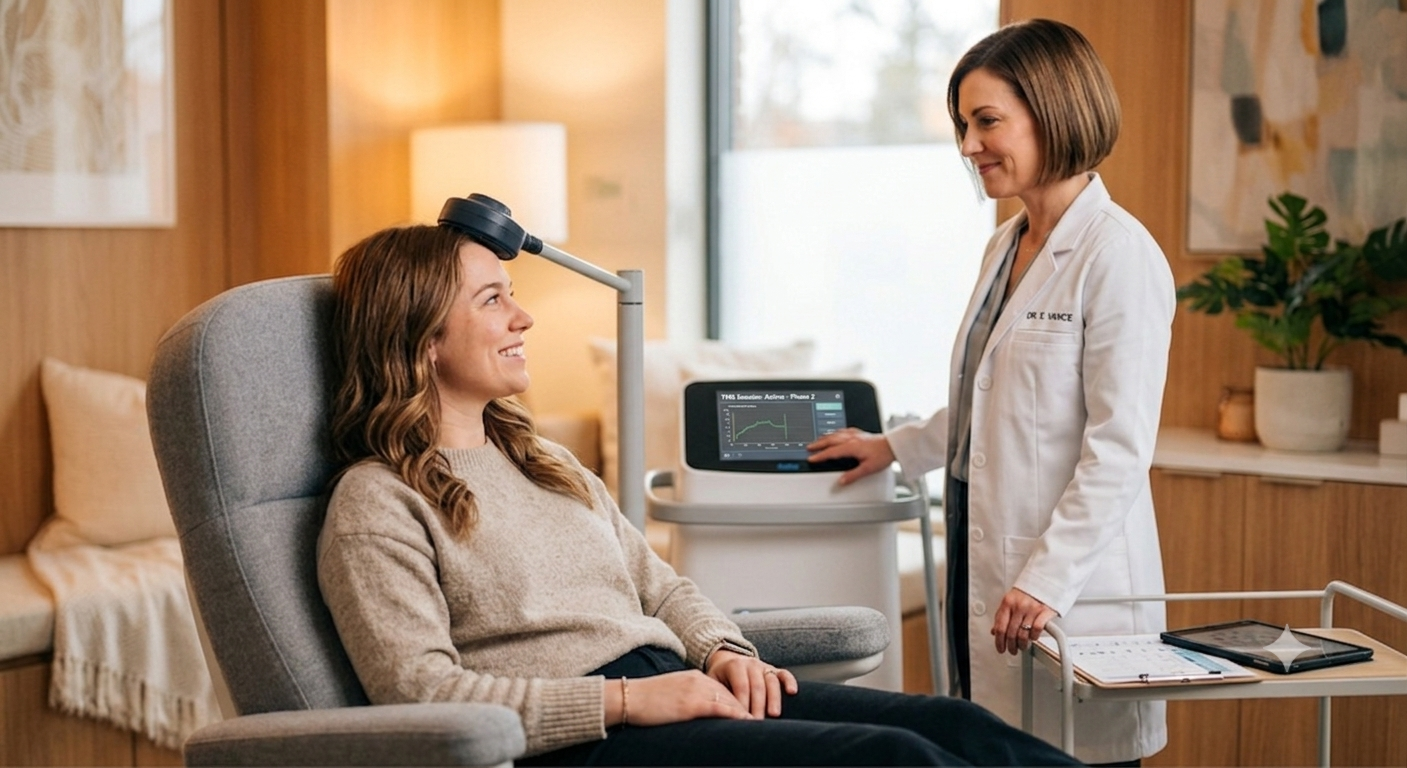 Patient smiling during a TMS therapy session at Axial Holistic Depression Clinic
